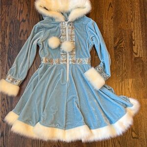 Wishcraft Blue Snow Ice Princess Velvet Hooded Dress Costume Pom-poms Sequins